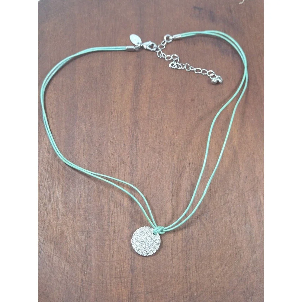 Signed LIA SOPHIA Spotlight CZ Disk Pendant ST Necklace Double Green Cord  19